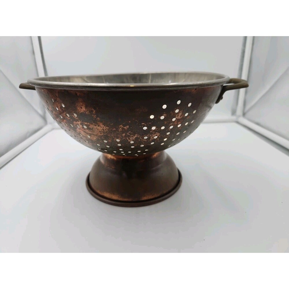 Vintage 9" Copper Footed Colander Strainer Brass Handles Farmhouse
